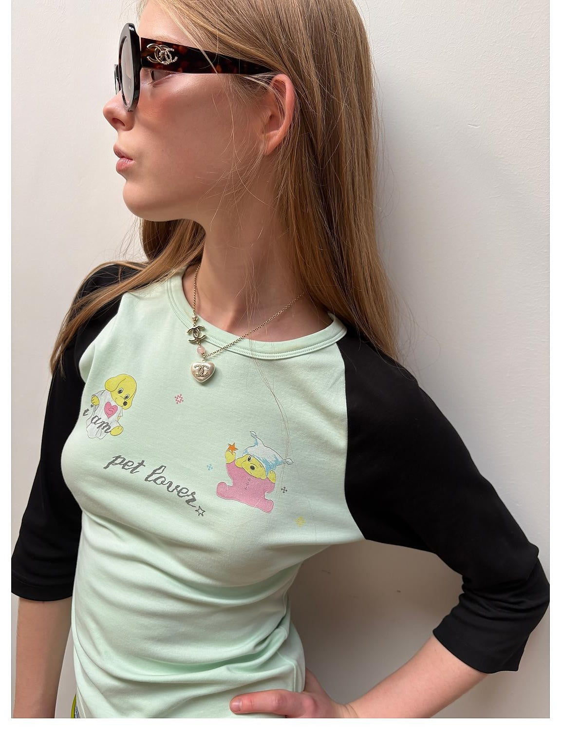 sancco house Dog Print Colorblock Raglan Three Quarter Sleeve Slim Fit Women&