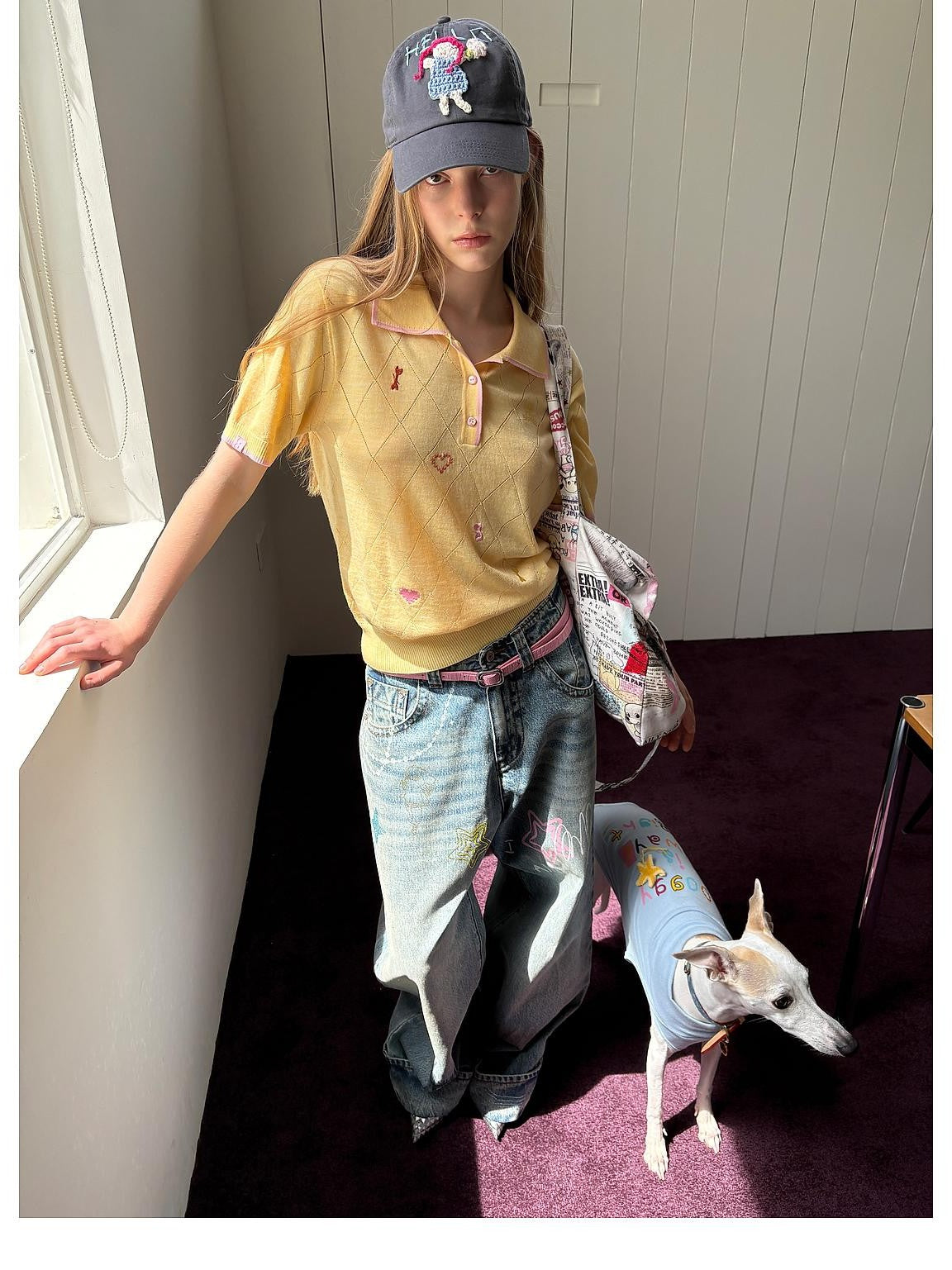 sancco house Embroidered Knit Short Sleeve Loose Fit Women&