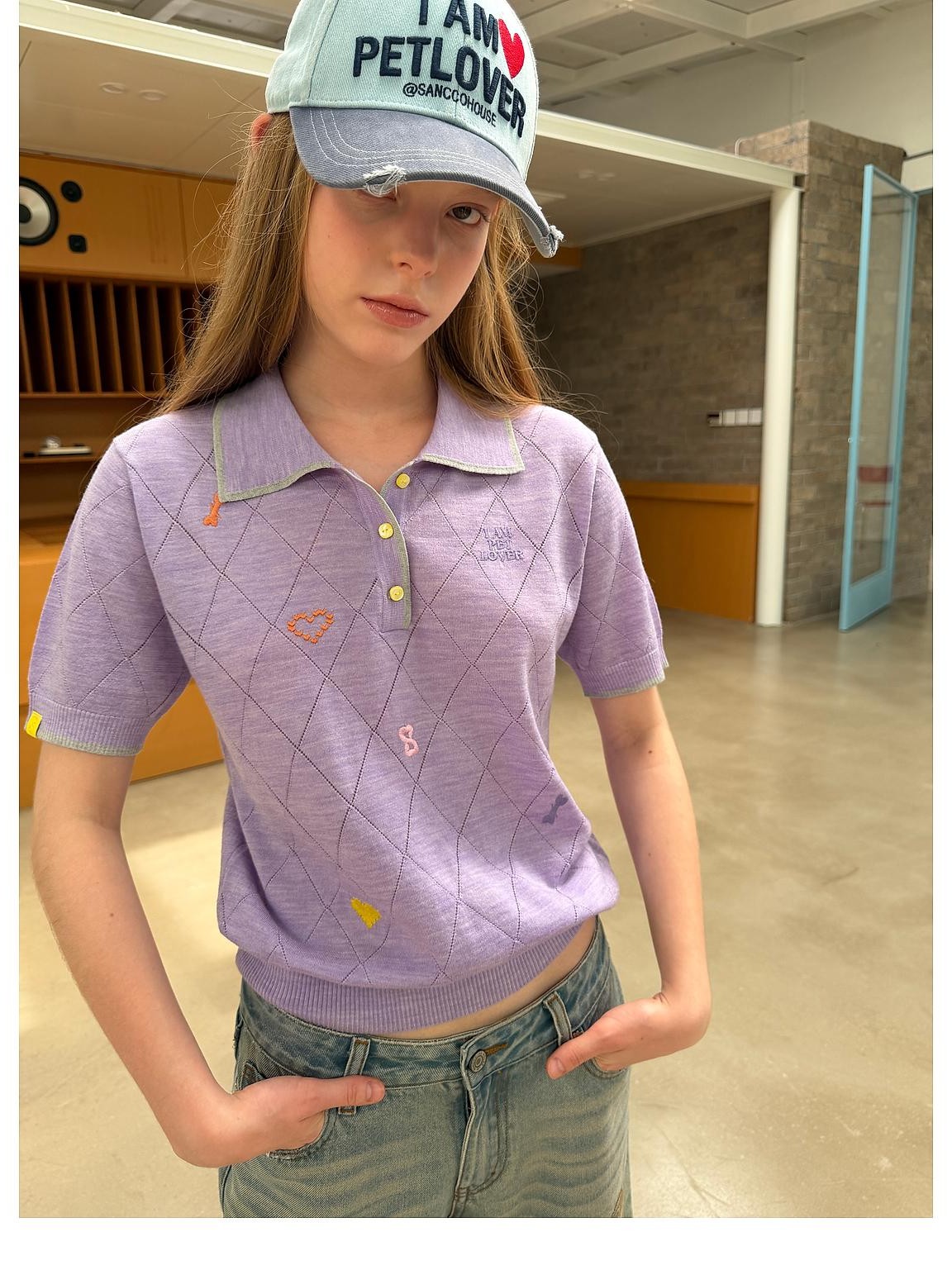 sancco house Embroidered Knit Short Sleeve Loose Fit Women&