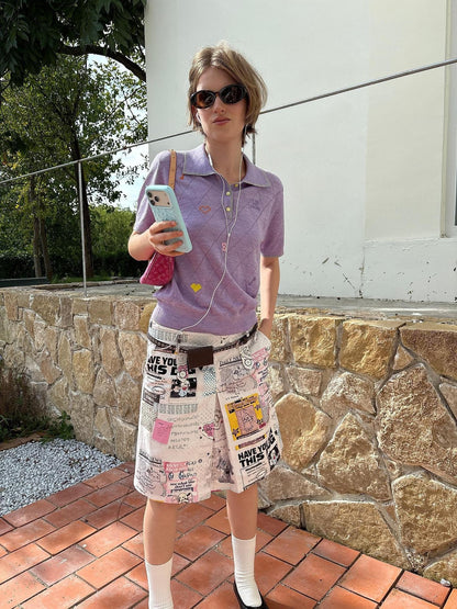 sancco house Embroidered Knit Short Sleeve Loose Fit Women&