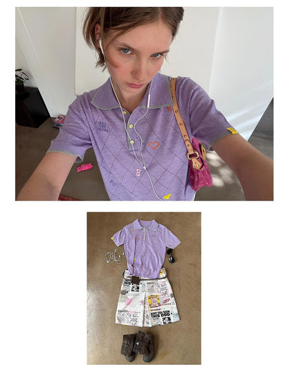 sancco house Embroidered Knit Short Sleeve Loose Fit Women&