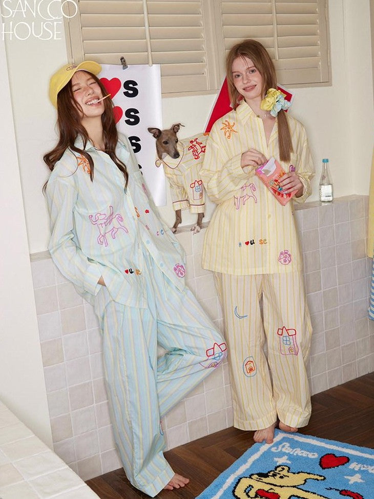 sancco house Embroidered Print Striped Women&