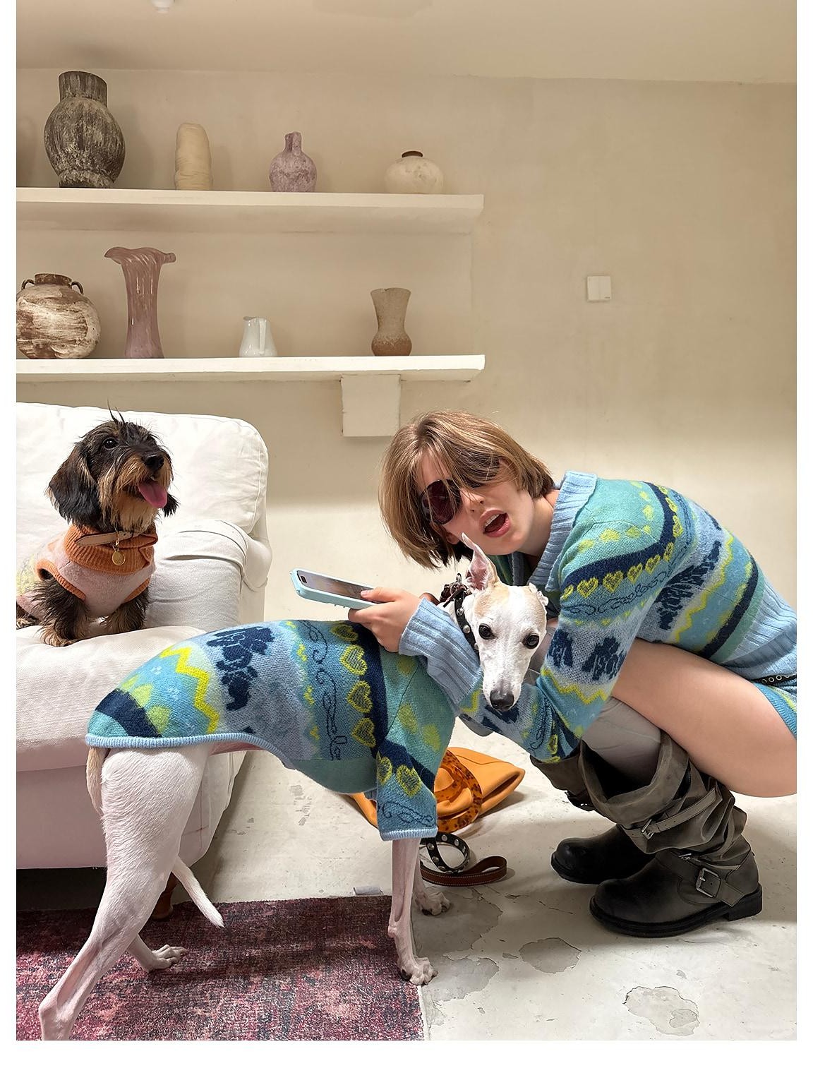 sancco house Fair Isle Devil Puppy Embroidery Merino Wool Women&