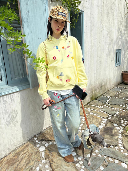 sancco house Fun Sticker Print 3d Embroidery Loose Fit Cotton Women&
