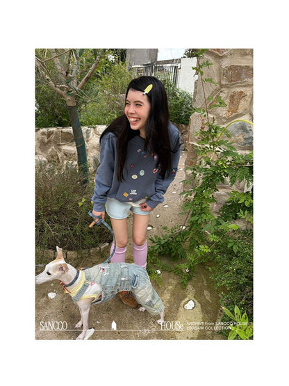 sancco house Fun Sticker Print 3d Embroidery Loose Fit Cotton Women&