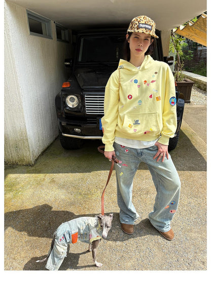 sancco house Fun Sticker Print 3d Embroidery Loose Fit Cotton Women&