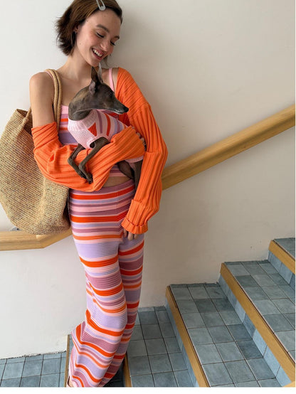 sancco house Gradient Yarn Striped Cardigan Cami Women&