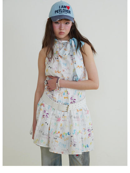 sancco house Graffiti Print Bow Tie Halter Women&