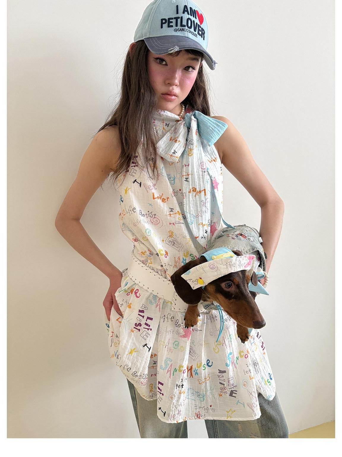sancco house Graffiti Print Bow Tie Halter Women&