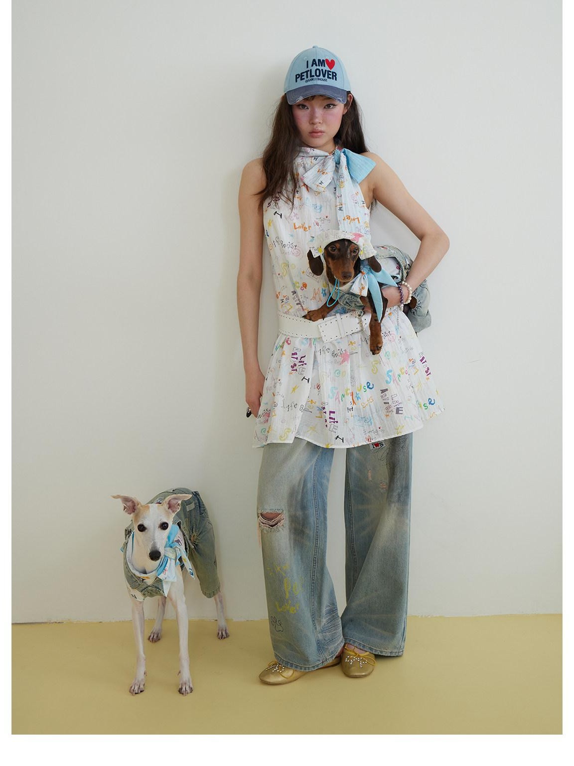 sancco house Graffiti Print Bow Tie Halter Women&
