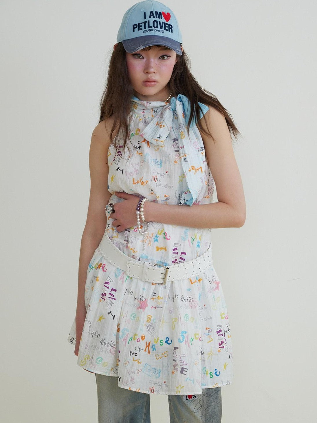 sancco house Graffiti Print Bow Tie Loose Women&