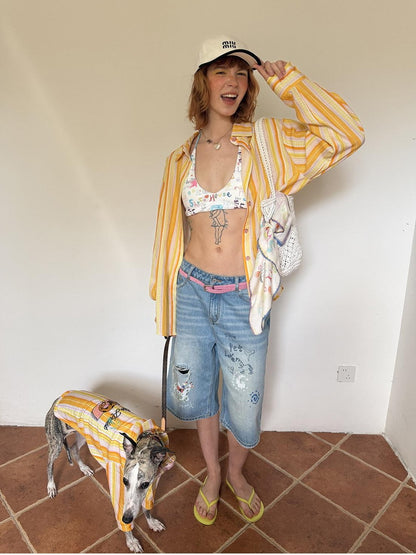 sancco house Graffiti Print Halter Tie V-neck Cropped Fitted Women&