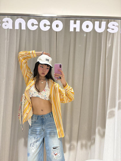 sancco house Graffiti Print Halter Tie V-neck Cropped Fitted Women&