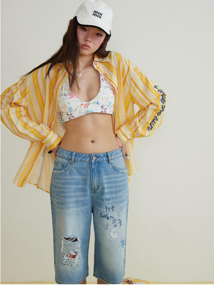 sancco house Graffiti Print Halter Tie V-neck Cropped Fitted Women&
