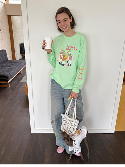 sancco house Green Printed Crewneck Loose Casual Women&