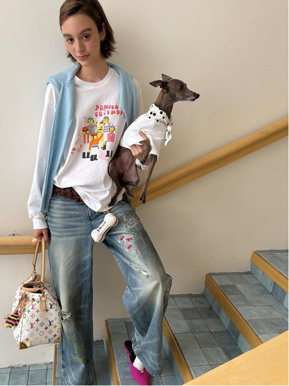 sancco house Green Printed Crewneck Loose Casual Women&