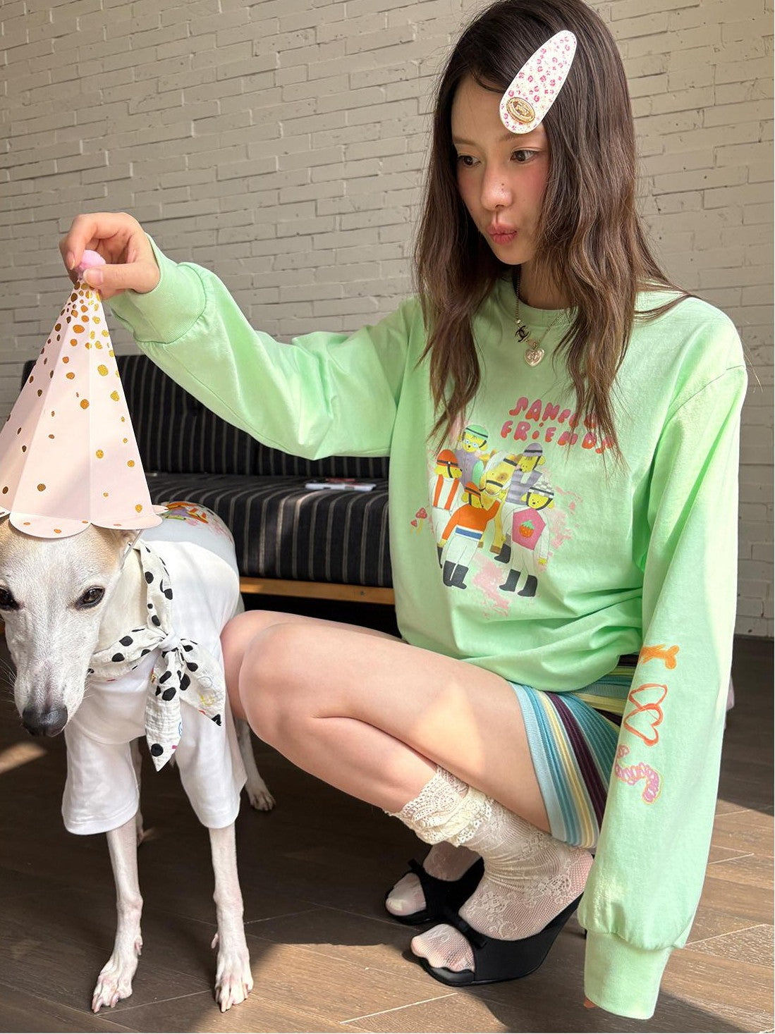 sancco house Green Printed Crewneck Loose Casual Women&