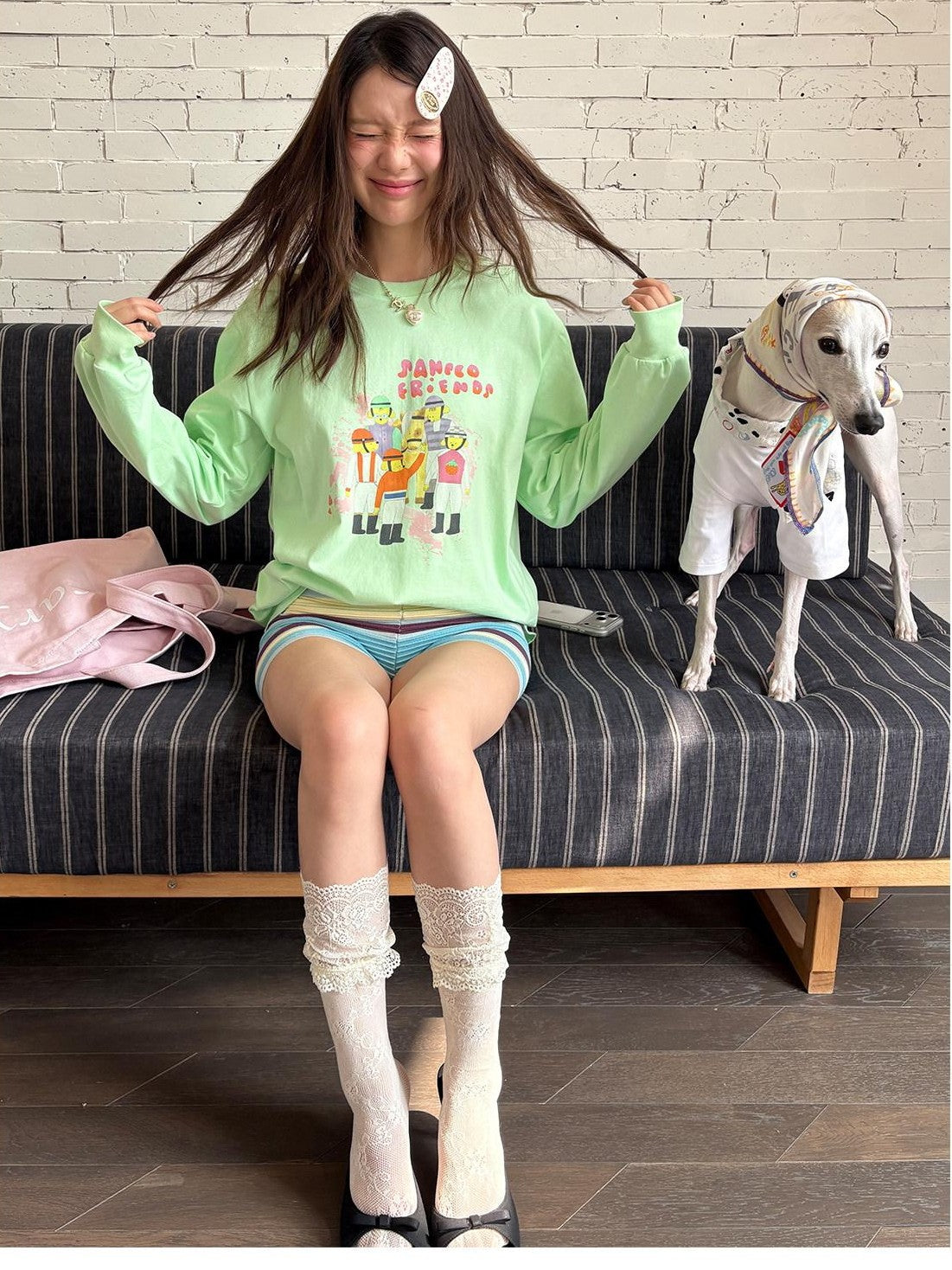 sancco house Green Printed Crewneck Loose Casual Women&