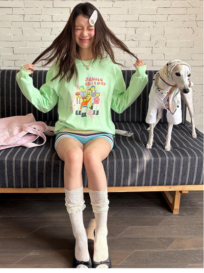 sancco house Green Printed Crewneck Loose Casual Women&