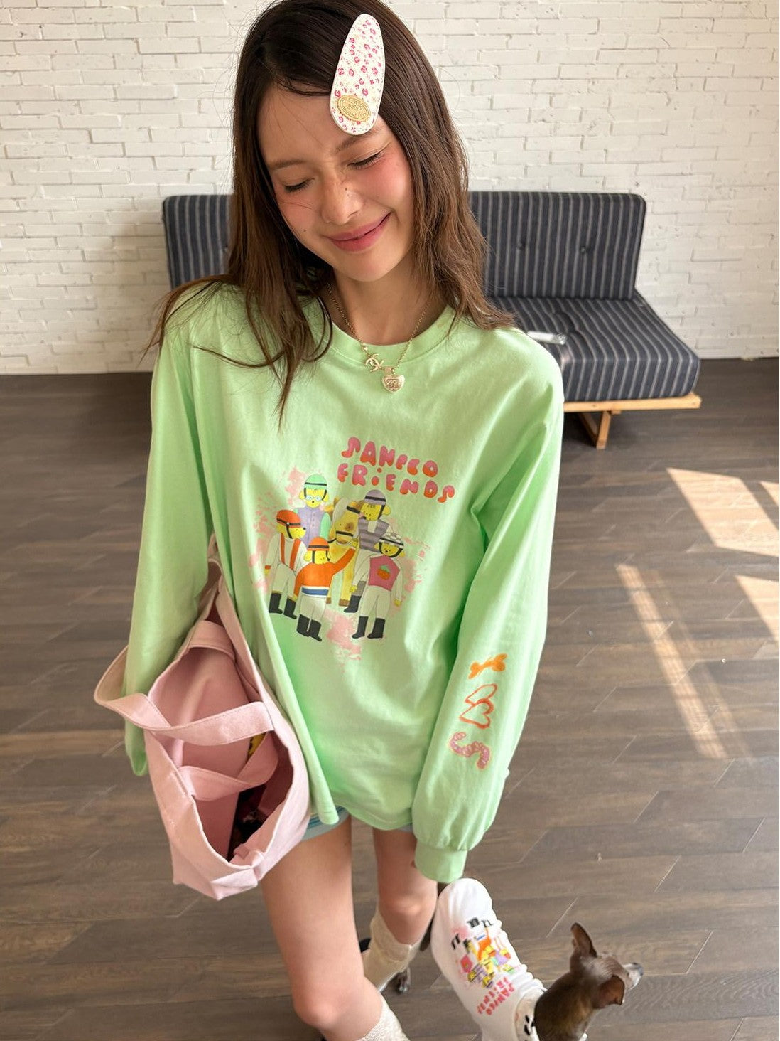 sancco house Green Printed Crewneck Loose Casual Women&