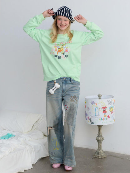sancco house Green Printed Crewneck Loose Casual Women&