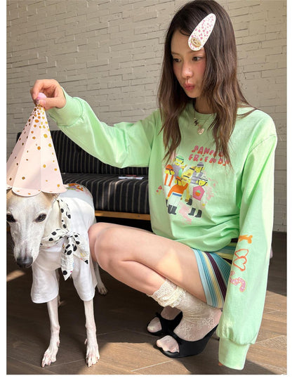 sancco house Green Printed Round Neck Loose Women&