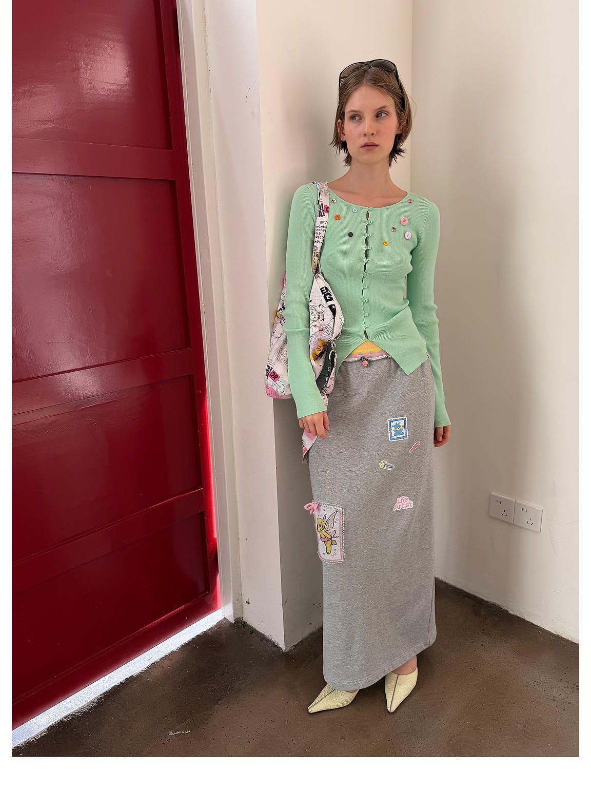 sancco house Grey Print Embroidered Patch Straight Fit Cotton Women&