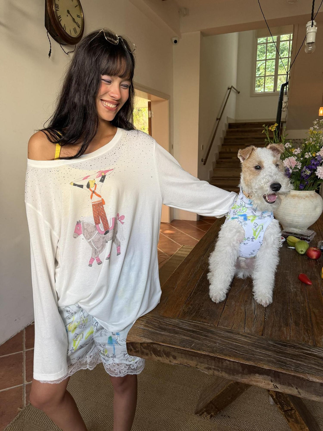 sancco house Hand Drawn Puppy Rhinestone Asymmetric Women&