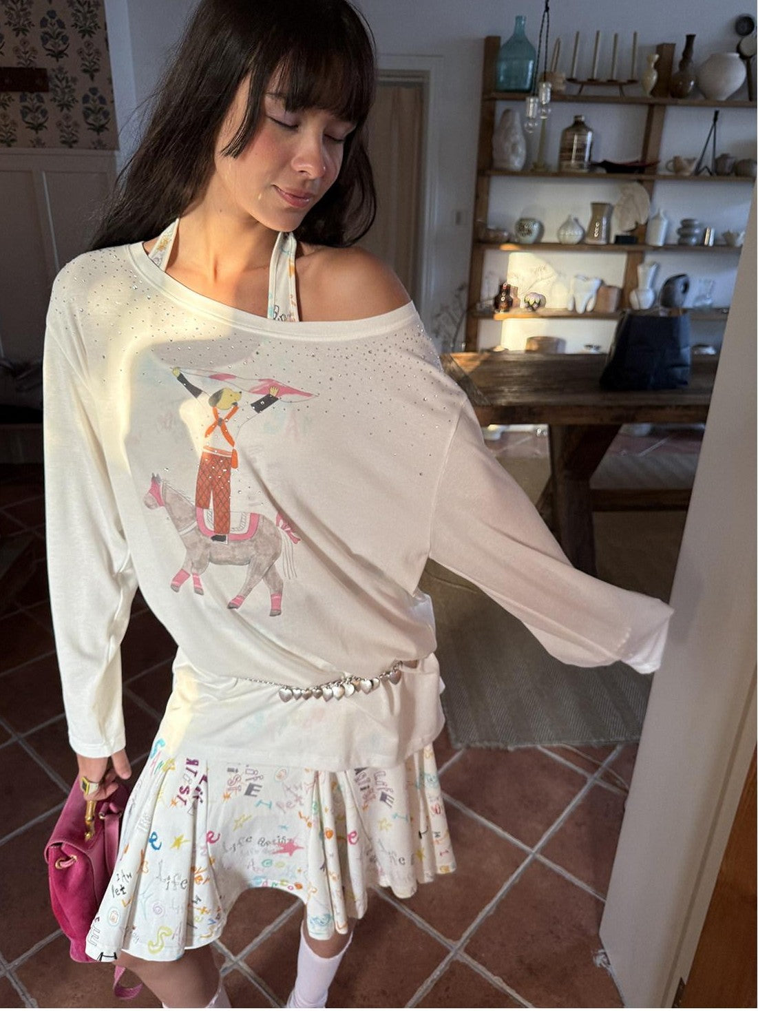 sancco house Hand Drawn Puppy Rhinestone Asymmetric Women&