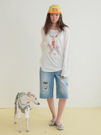 sancco house Hand Drawn Puppy Rhinestone Asymmetric Women&
