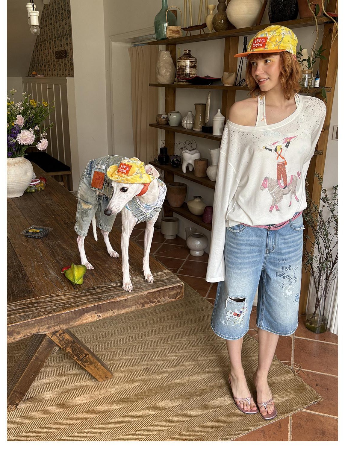 sancco house Hand Painted Puppy Hotfix Rhinestone Off Shoulder Women&