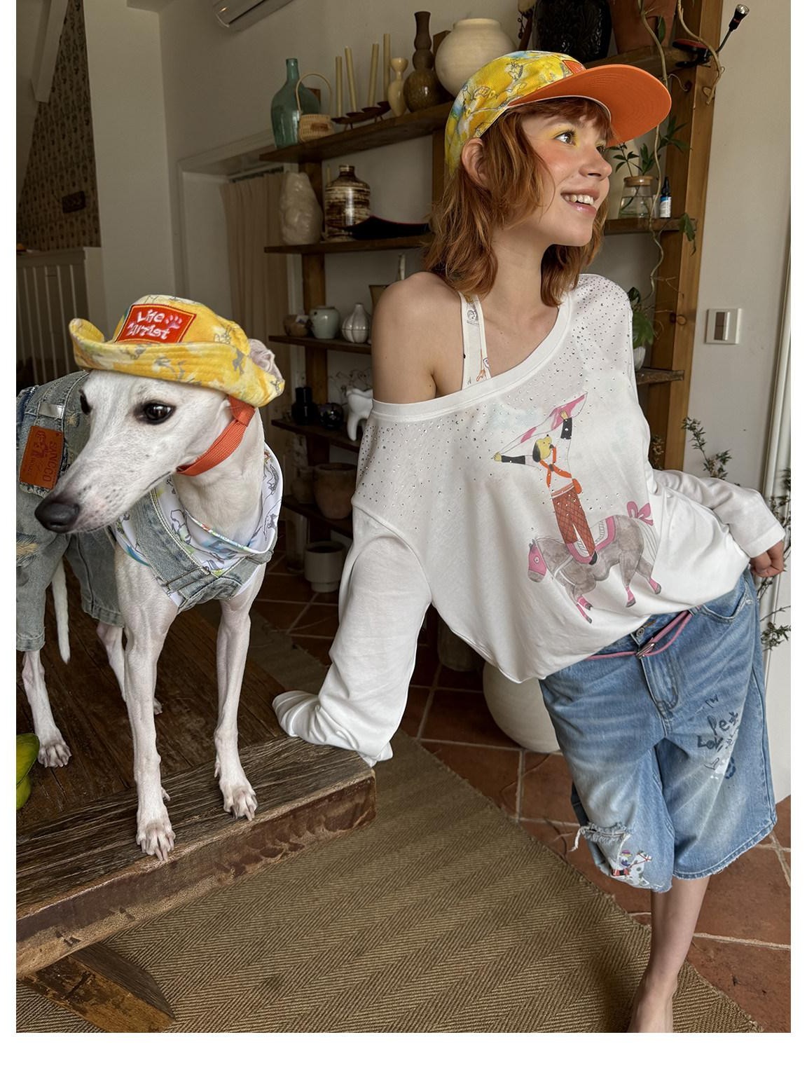 sancco house Hand Painted Puppy Hotfix Rhinestone Off Shoulder Women&