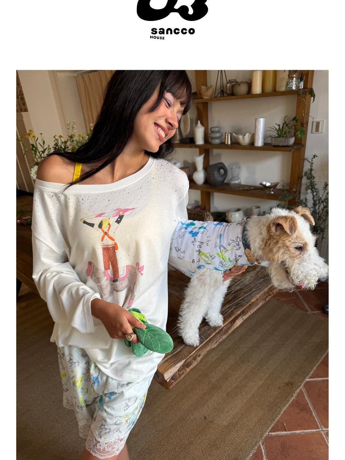 sancco house Hand Painted Puppy Hotfix Rhinestone Off Shoulder Women&