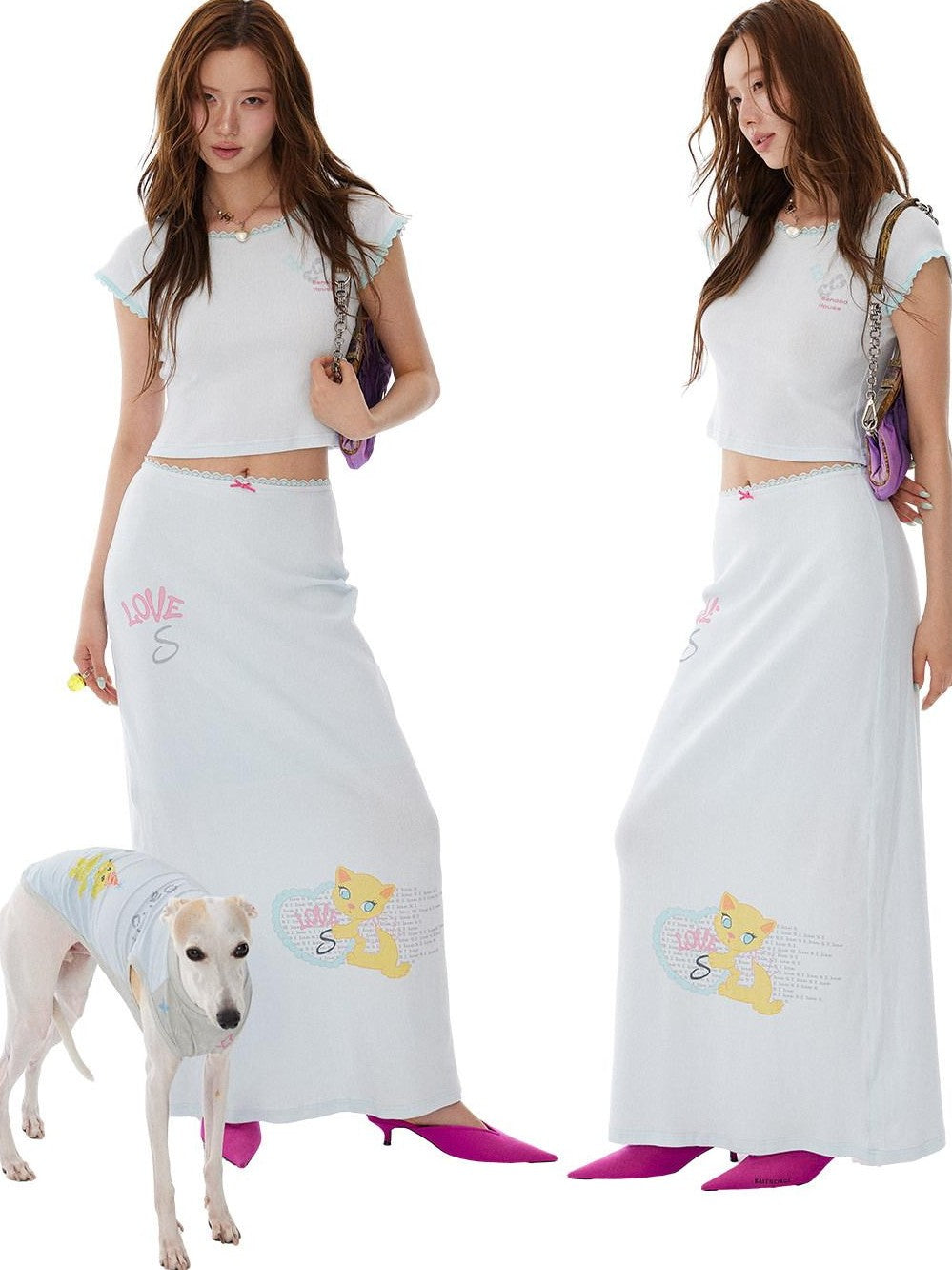 sancco house Heart Kitten Print Lace Short Sleeve High Waist Women&