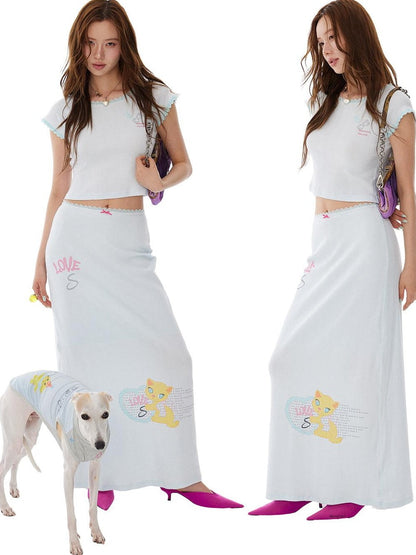 sancco house Heart Kitten Print Lace Short Sleeve High Waist Women&