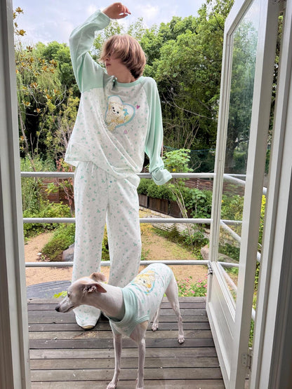 sancco house Heart Puppy Print Floral Splice Raglan Long Sleeve Women&