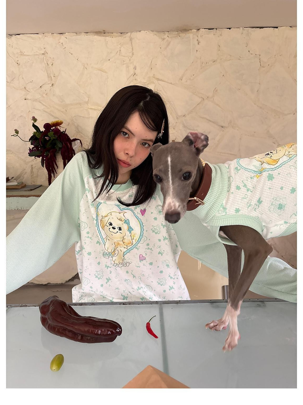sancco house Heart Puppy Print Floral Splice Raglan Long Sleeve Women&