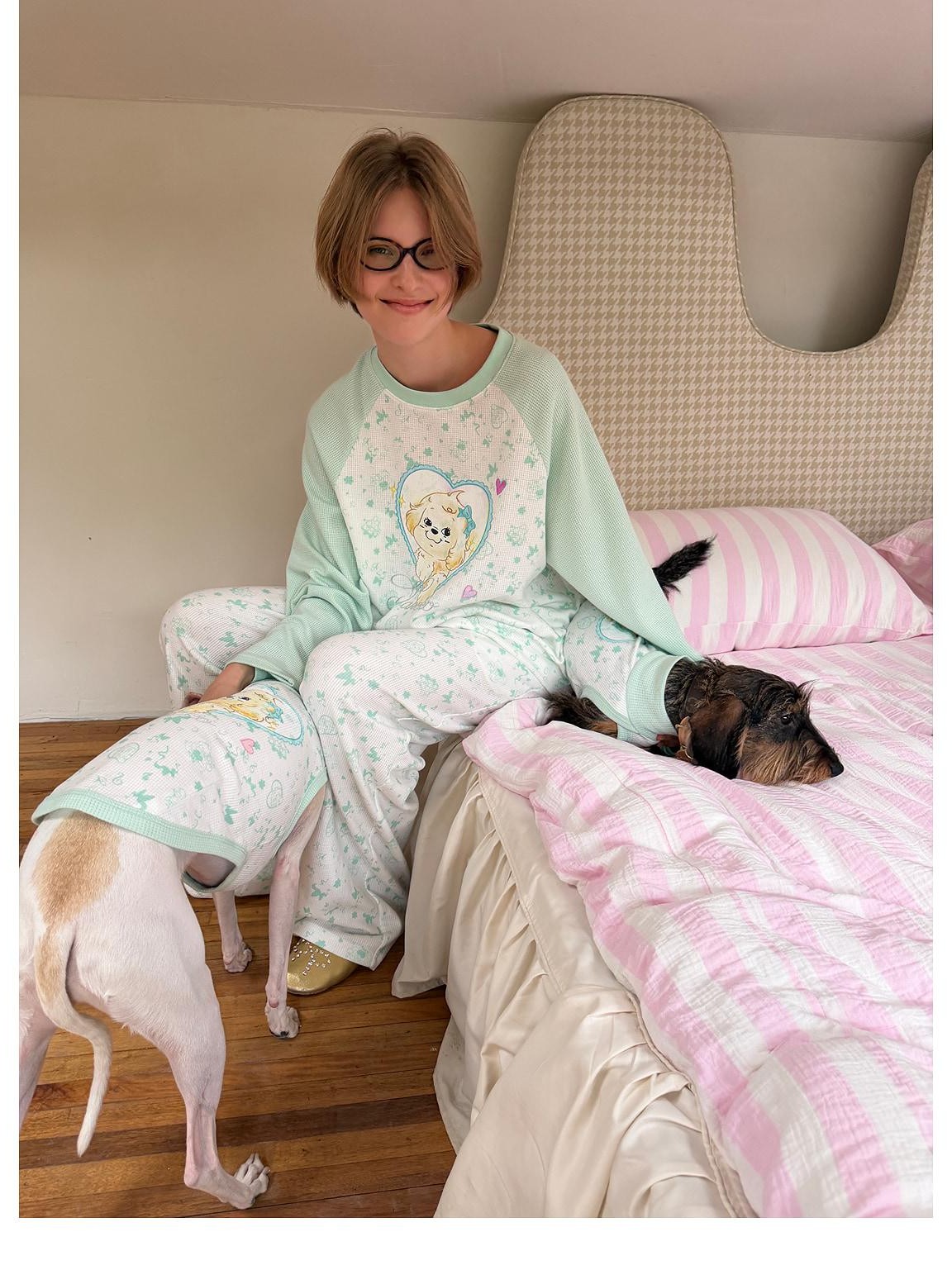 sancco house Heart Puppy Print Floral Splice Raglan Long Sleeve Women&