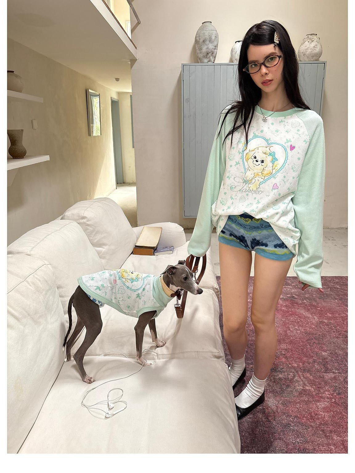 sancco house Heart Puppy Print Floral Splice Raglan Long Sleeve Women&