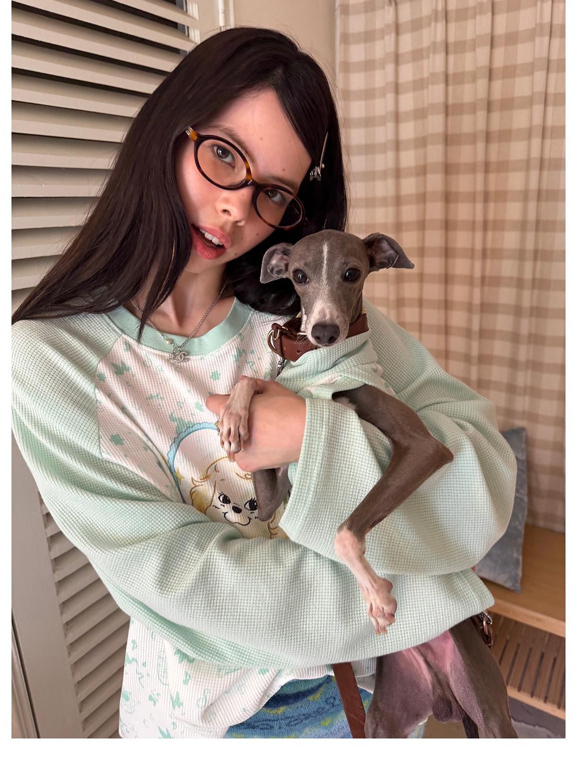 sancco house Heart Puppy Print Floral Splice Raglan Long Sleeve Women&