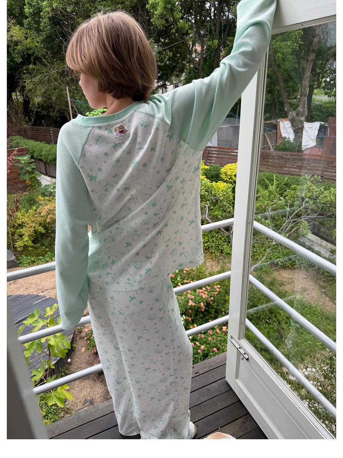 sancco house Heart Puppy Print Floral Splice Raglan Long Sleeve Women&
