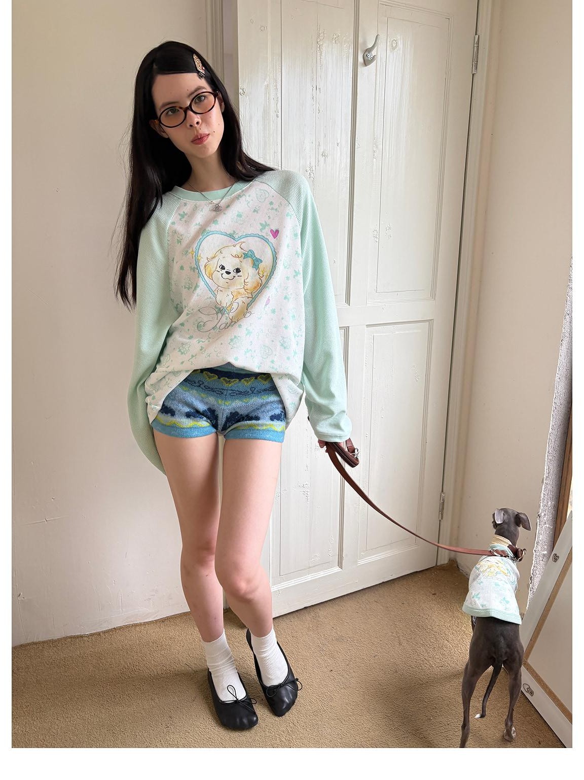 sancco house Heart Puppy Print Floral Splice Raglan Long Sleeve Women&