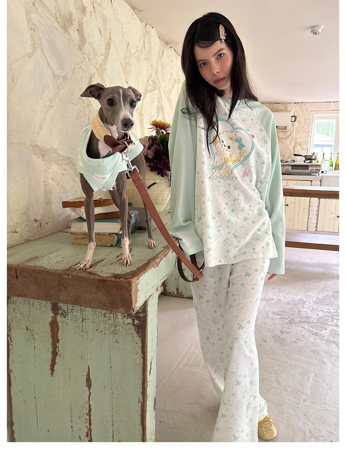 sancco house Heart Puppy Print Floral Splice Raglan Long Sleeve Women&