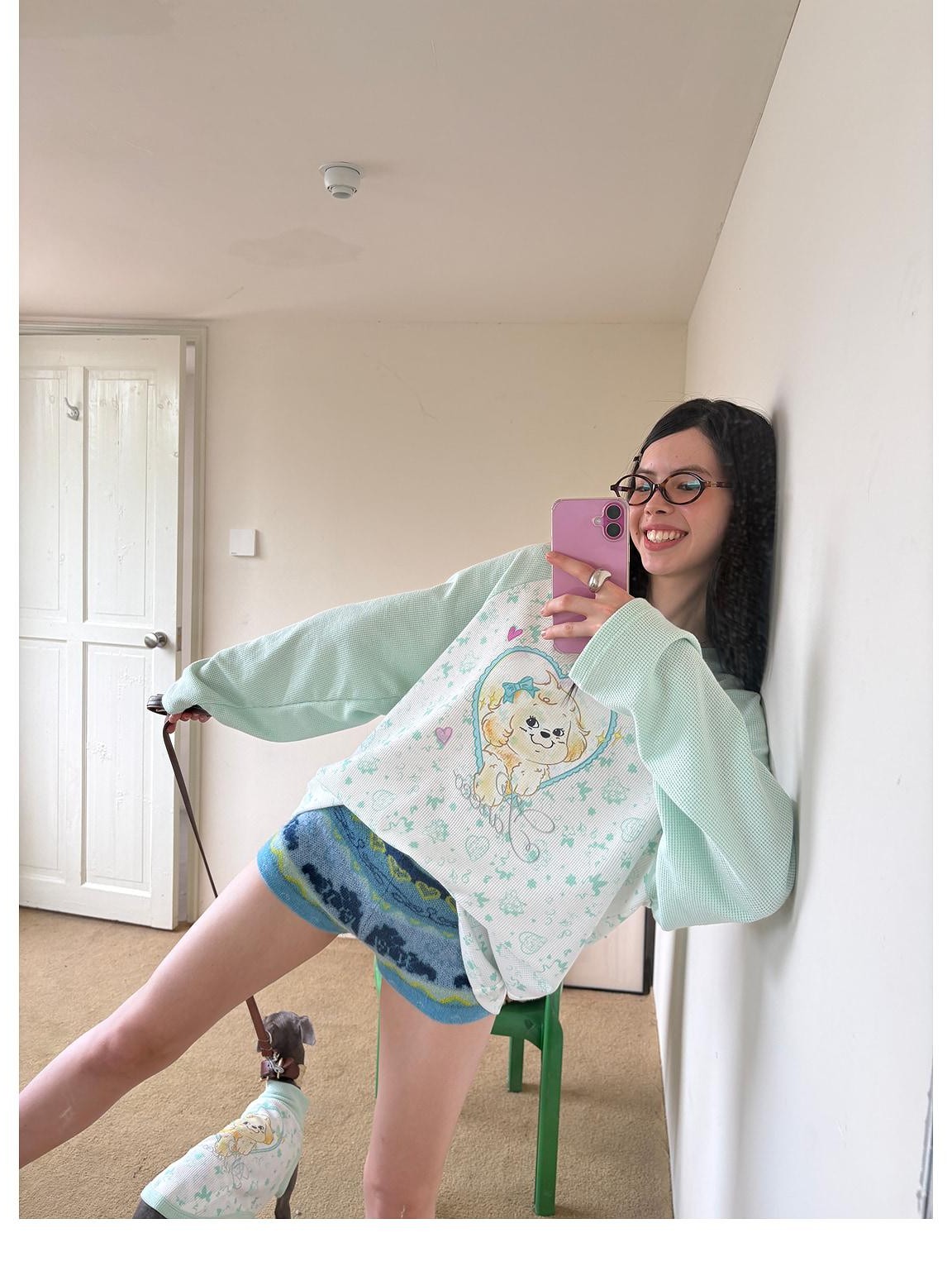 sancco house Heart Puppy Print Floral Splice Raglan Long Sleeve Women&