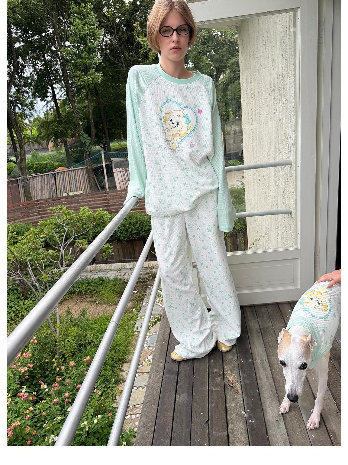 sancco house Heart Puppy Print Floral Splice Raglan Long Sleeve Women&