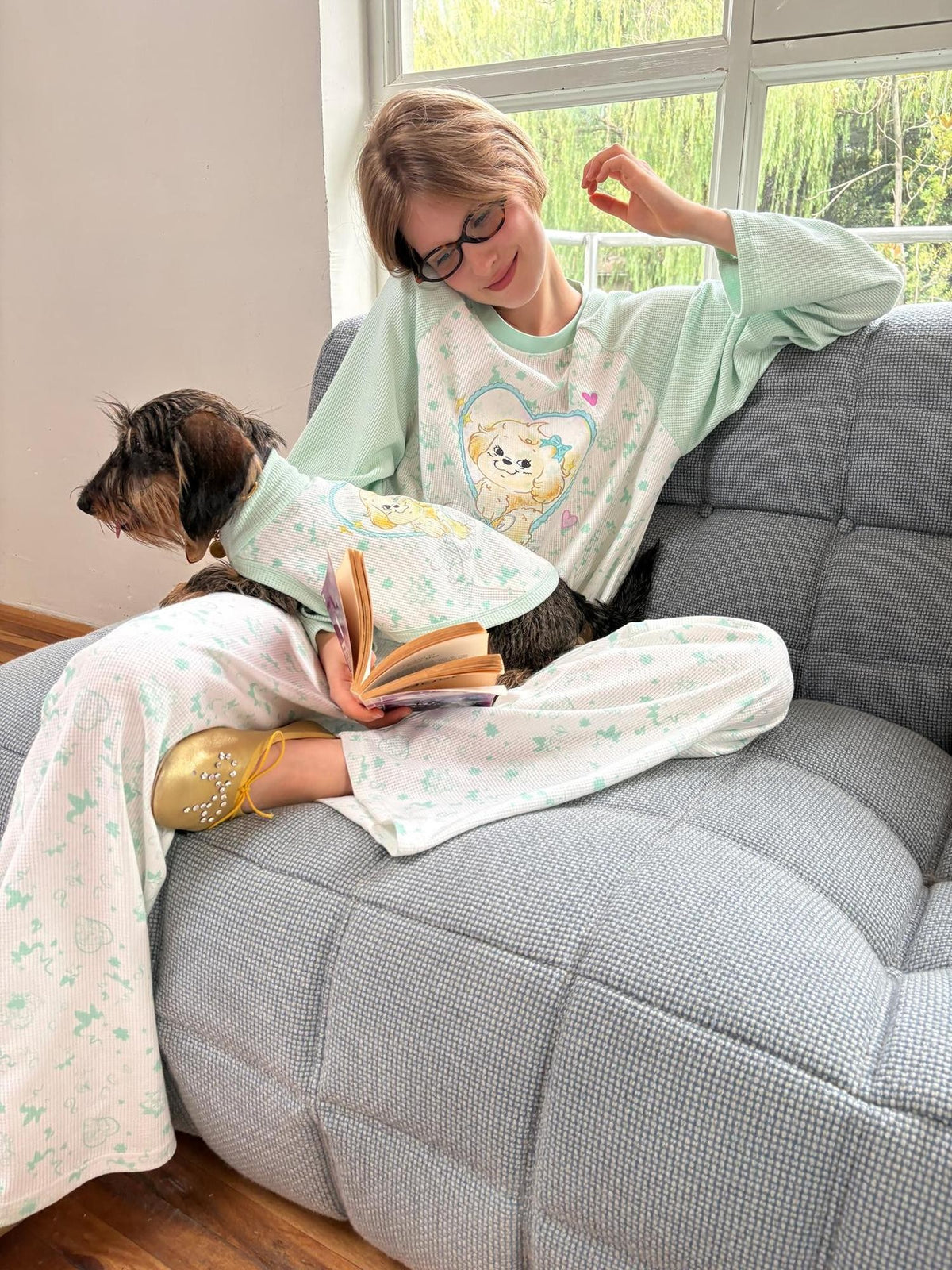 sancco house Heart Puppy Print Floral Splice Raglan Long Sleeve Women&