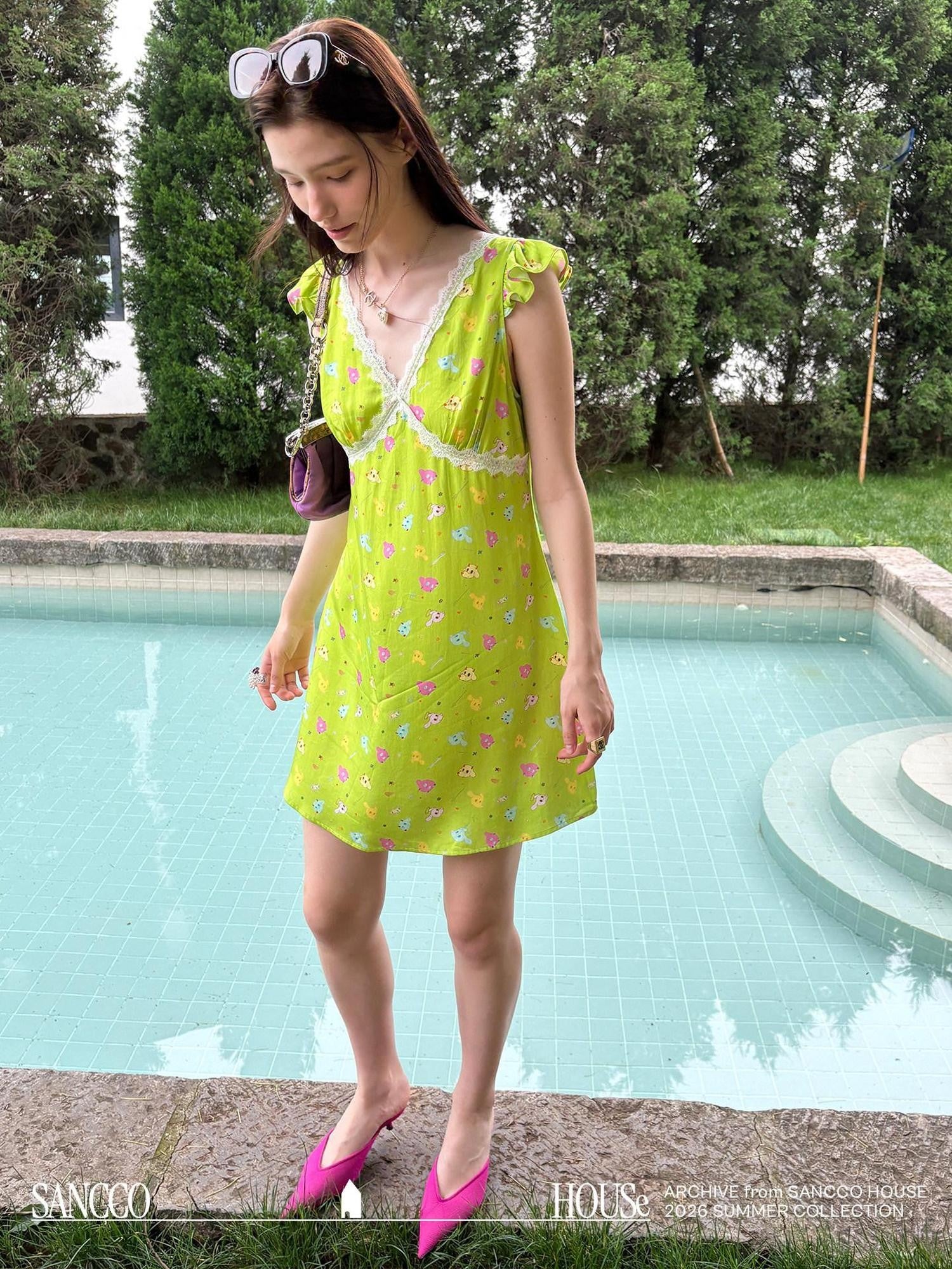 sancco house Lace Trim Flutter Sleeve Vneck Aline Women&