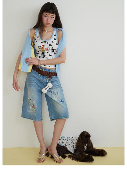 sancco house Light Blue Vintage Washed Graffiti Ripped Straight Women&