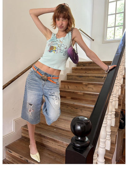 sancco house Light Blue Vintage Washed Graffiti Ripped Straight Women&