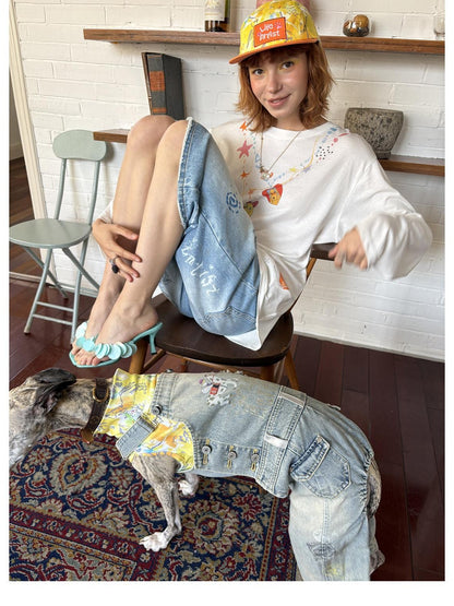 sancco house Light Blue Vintage Washed Graffiti Ripped Straight Women&